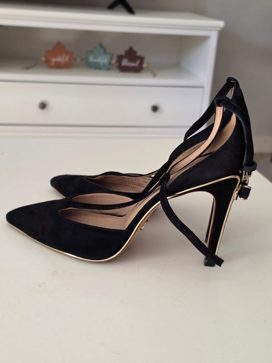 Tory Burch Shoes - Tory Burch Belleville Black Suede Pointed Toe Ankle Tie Heels with Gold Trim